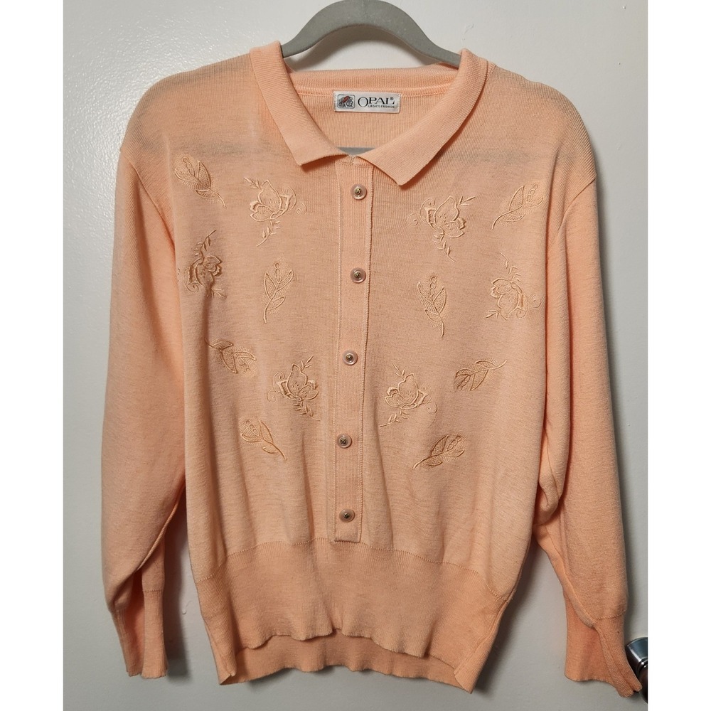 Vintage Peach Orange Collar Sweater Faux Button‎ Front Embroidered Flowers Large